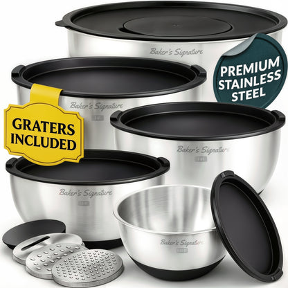 Stainless Steel Mixing Bowls with Lids Set of 5, 3 Graters, Black Nesting Design with Airtight Covers & Non-Slip Base – Mirror Finish for Food Prep, Storage, Baking & Serving