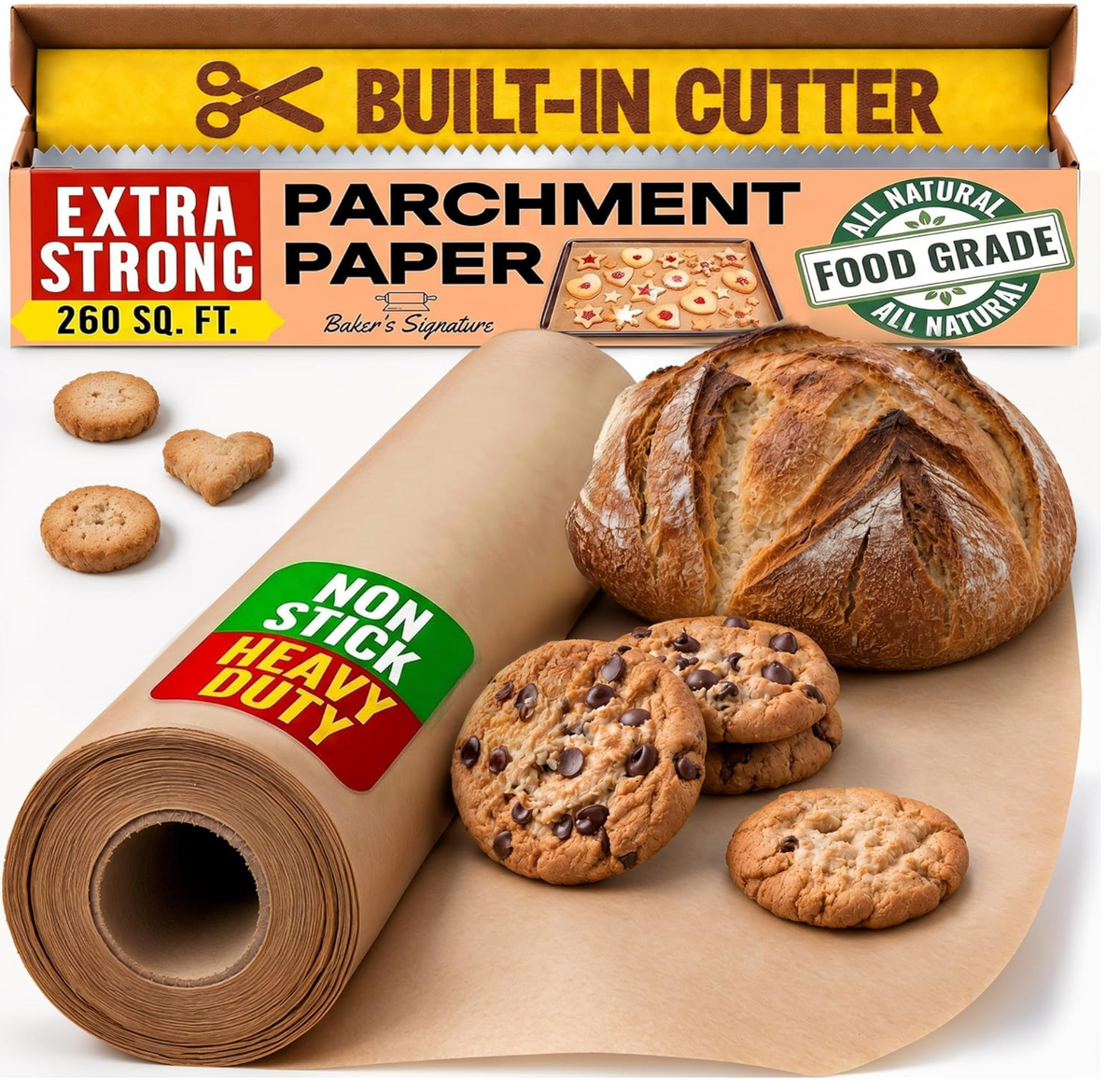 Baker's Signature Unbleached Parchment Paper Roll with Cutter, 15in x 210ft Non-stick, non-toxic brown baking paper. Oven-safe to 450°F. 260 sq ft for cooking, grilling, steaming, air fryer