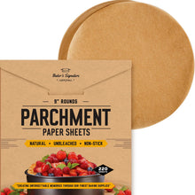 Load image into Gallery viewer, 9 Inch Rounds Pack of 220 Parchment Paper Baking Sheets by Baker’s Signature | Precut Silicone Coated &amp; Unbleached – Will Not Curl or Burn – Non-Toxic &amp; Comes in Convenient Packaging