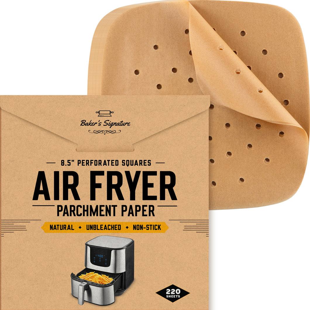8.5 Inch Airfryer Squares Pack of 220 Parchment Paper Sheets by Baker’s Signature | Precut Silicone Coated & Unbleached – Will Not Curl or Burn – Non-Toxic & Comes in Convenient Packaging
