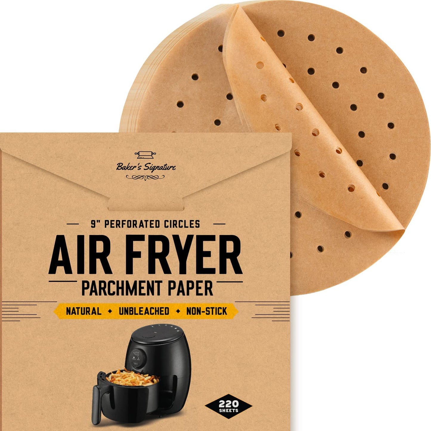 9 Inch Airfryer Rounds Pack of 220 Parchment Paper Sheets by Baker’s Signature | Precut Silicone Coated & Unbleached – Will Not Curl or Burn – Non-Toxic & Comes in Convenient Packaging