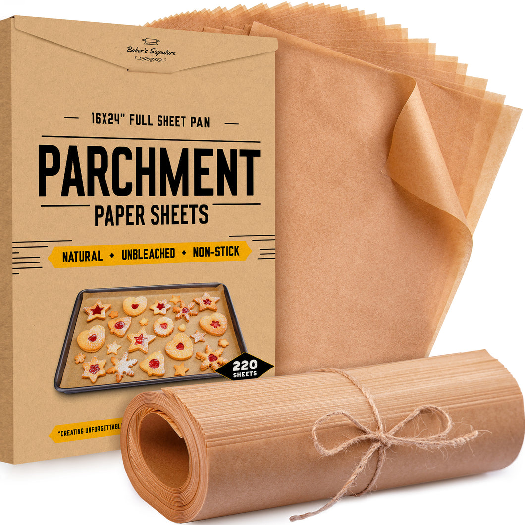 Parchment Paper Baking Sheets by Baker’s Signature | Precut Silicone Coated & Unbleached – Will Not Curl or Burn – Non-Toxic & Comes in Convenient Packaging – 16 x 24 Inch Full Sheet Pans Pack of 120