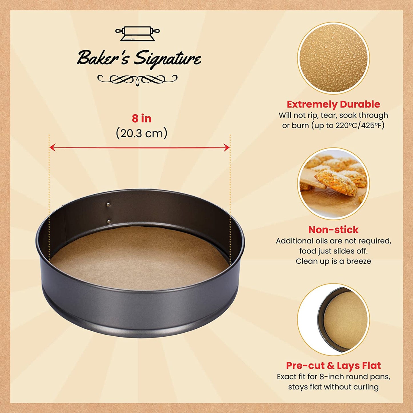 8 Inch Rounds Pack of 220 Parchment Paper Baking Sheets by Baker’s Signature | Precut Silicone Coated & Unbleached – Will Not Curl or Burn – Non-Toxic & Comes in Convenient Packaging