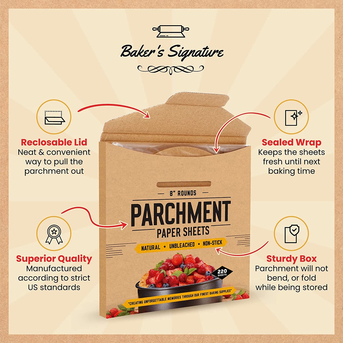 8 Inch Rounds Pack of 220 Parchment Paper Baking Sheets by Baker’s Signature | Precut Silicone Coated & Unbleached – Will Not Curl or Burn – Non-Toxic & Comes in Convenient Packaging