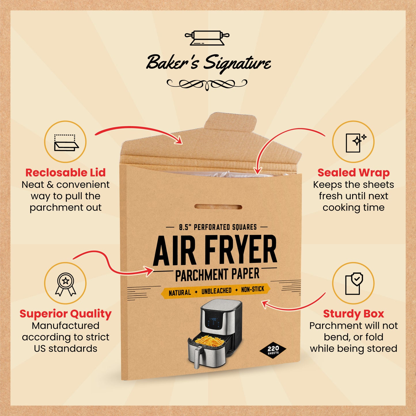 8.5 Inch Airfryer Squares Pack of 220 Parchment Paper Sheets by Baker’s Signature | Precut Silicone Coated & Unbleached – Will Not Curl or Burn – Non-Toxic & Comes in Convenient Packaging
