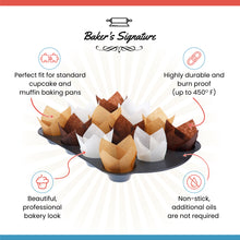 Load image into Gallery viewer, Baker’s Signature Tulip Baking Paper Cupcake &amp; Muffin Liners Pack of 150 | Grease Resistant Wrappers – Will Not Curl or Burn – Comes in Convenient Packaging