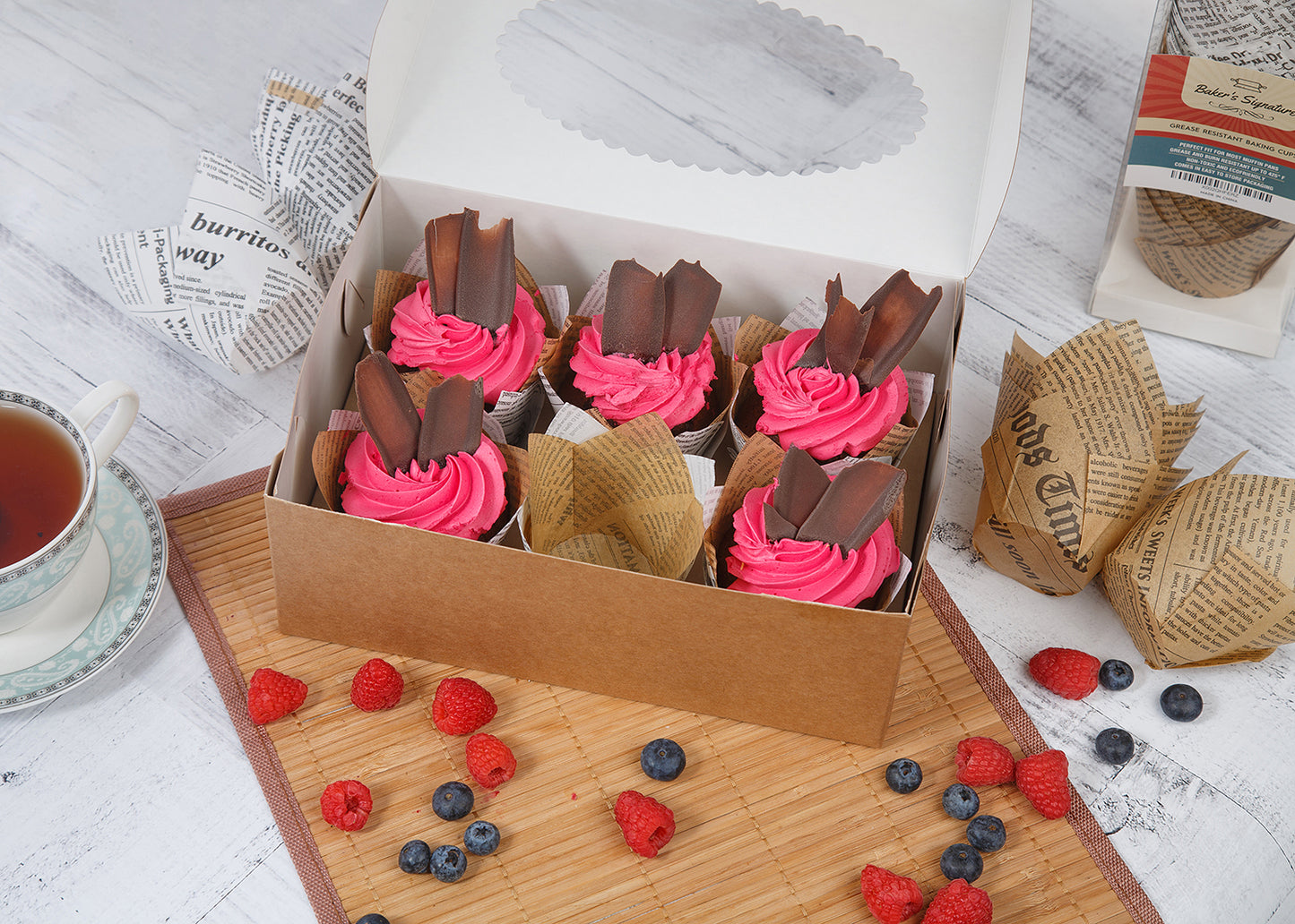 Baker's Signature Tulip Baking Cups Newspaper Pattern Paper Cupcake & Muffin Liners Pack of 150 | Grease Resistant Wrappers – Will Not Curl or Burn – Comes in Convenient Packaging