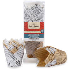 Load image into Gallery viewer, Baker&#39;s Signature Tulip Baking Cups Newspaper Pattern Paper Cupcake &amp; Muffin Liners Pack of 150 | Grease Resistant Wrappers – Will Not Curl or Burn – Comes in Convenient Packaging