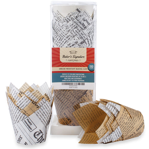 Baker's Signature Tulip Baking Cups Newspaper Pattern Paper Cupcake & Muffin Liners Pack of 150 | Grease Resistant Wrappers – Will Not Curl or Burn – Comes in Convenient Packaging