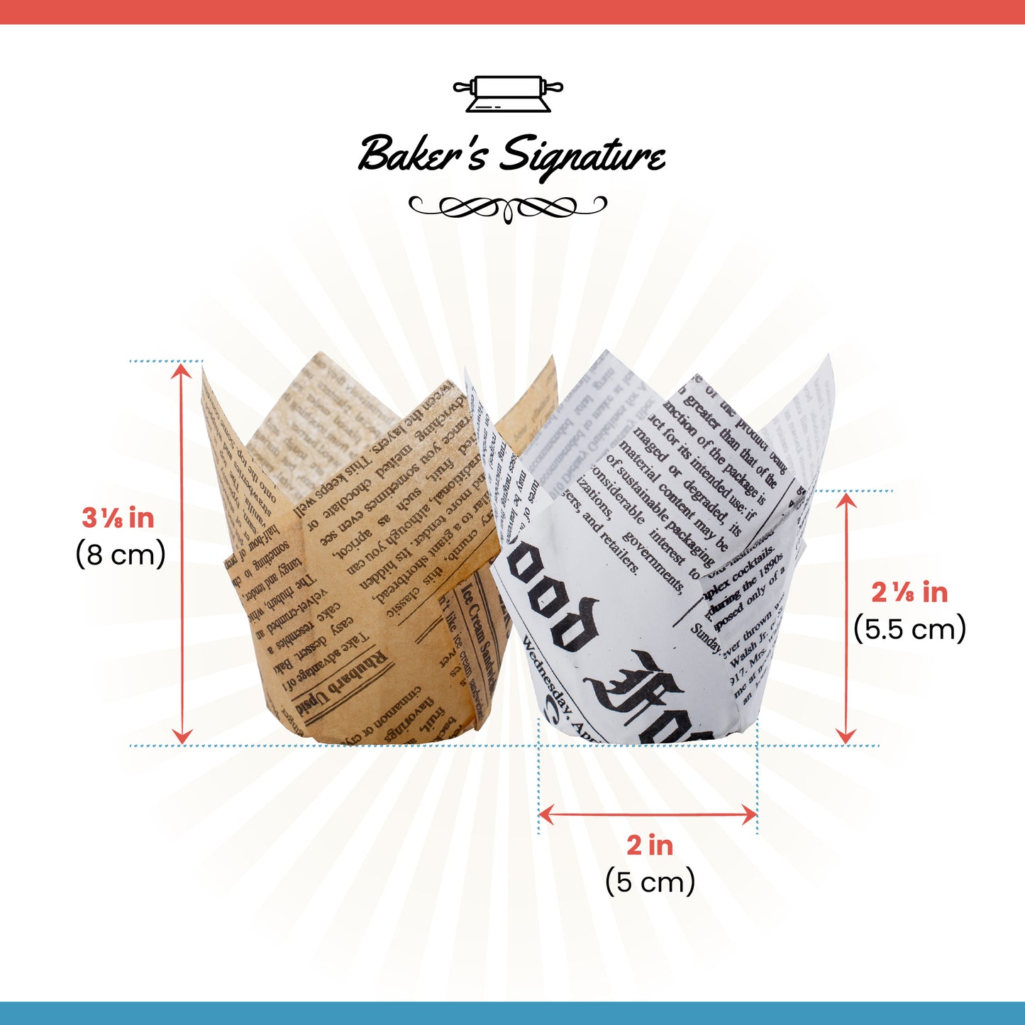 Baker's Signature Tulip Baking Cups Newspaper Pattern Paper Cupcake & Muffin Liners Pack of 150 | Grease Resistant Wrappers – Will Not Curl or Burn – Comes in Convenient Packaging