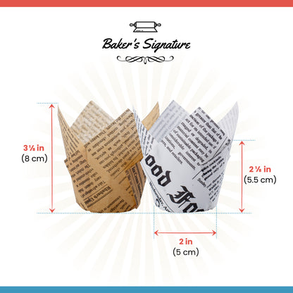 Baker's Signature Tulip Baking Cups Newspaper Pattern Paper Cupcake & Muffin Liners Pack of 150 | Grease Resistant Wrappers – Will Not Curl or Burn – Comes in Convenient Packaging