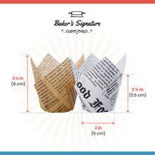 Load image into Gallery viewer, Baker&#39;s Signature Tulip Baking Cups Newspaper Pattern Paper Cupcake &amp; Muffin Liners Pack of 150 | Grease Resistant Wrappers – Will Not Curl or Burn – Comes in Convenient Packaging