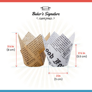 Baker's Signature Tulip Baking Cups Newspaper Pattern Paper Cupcake & Muffin Liners Pack of 150 | Grease Resistant Wrappers – Will Not Curl or Burn – Comes in Convenient Packaging
